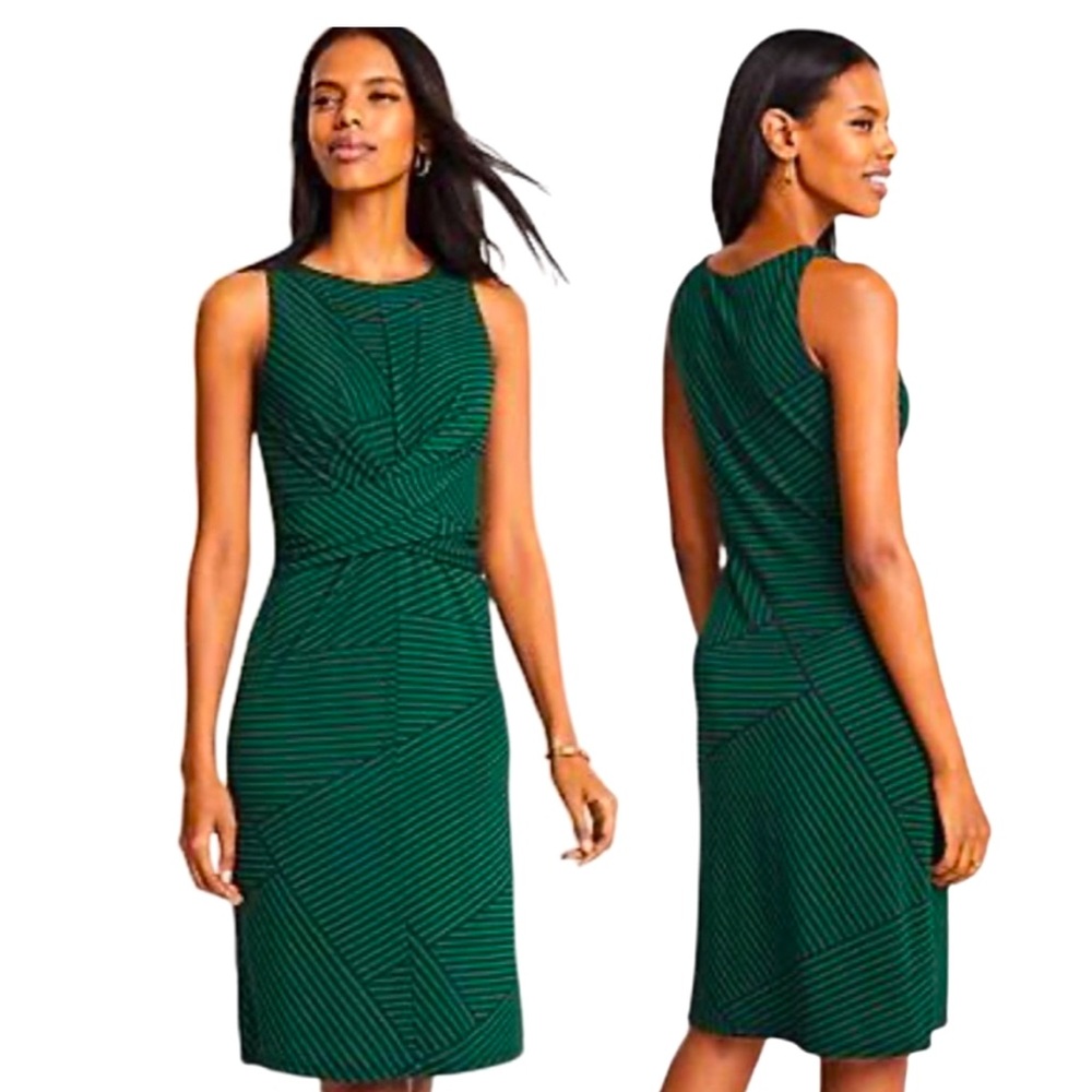 ANN TAYLOR Patchwork Stripe Wrap Front Midi Dress Green sleeveless Size 16